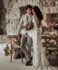 2021 Expensive Leaves Lace Wedding Dresses Beach Summer Juliet Long Sleeves Bateau V-neck Sheath Boho Wedding Dress Party Formal Gowns