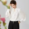 Rosa Laterne Hülse Seide Bluse Weibliche Frauen Herbst Mode Lose Hemd Büro Arbeit Damen Casual Stehkragen Weiß Shirts