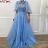 Chic Baby Blue Prom Dresses with Half Sleeve High Neck Ruched Tulle Bow Tie Belt Formal Party Wear Evening Gowns