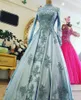 2021 Muslim Long Sleeve Formal Evening Dresses Arabic High Neck Vintage Appliques Beads Light Blue Satin Women Prom Party Gowns AL7104