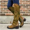 Frauen Über Knie Hohe Stiefel Chaussure Booties Mid Heels Gladiator Vintage PU Leder Matin Schuhe Frau Zapatos Mujer Sapato