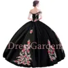 Precioso vestido de quinceañera Charro negro desmontable con hombros descubiertos, 2 piezas, apliques florales rosas, cristales, cintura vasca, vestido de baile dulce 16