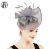 FS Pink Wedding Mesh Fascinators Hat For Women Feather Flower Party Fedora Pillbox Hats