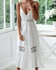 Sexig sommarvit En linje bomullsplåsa Bohemian Dress Lace Patchwork Ärmlös Deep V Neck Maxi Lång Klänning Sarong Robe Plage1