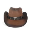 Chapeau de Cowboy occidental creux pour femmes et hommes, en paille d'été, Sombrero Hombre de plage, Cowgirl Jazz, chapeau de soleil, corde à vent, taille 57-59CM214l