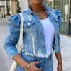 Fashion Women Ripped Denim Jackets Lapel Neck Vintage Sexy Casual Short Jean Jacket Puff Sleeve Autumn Winter Coat Streetwear Plus Size 5XL