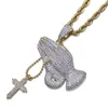 Hip Hop Necklace Iced Out Praying Hand Pendant Necklace With Cross Mens Women Gold Silver Color Chain Charm Jewelry For Gifts1247A