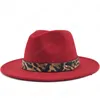 Vrouwen heren wollen jazz fedora hoeden casual mannen vrouwen lederen luipaard riem vilten hoed wit roze geel Panama trilby formele party cap