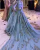 Light Sky Blue Moroccan Caftan Evening Dresses Long Sleeve Appliques Crystals Pearls Beaded Arabic Muslim Prom Party Gowns