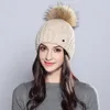 MOSNOW naturel fourrure de raton laveur Pom Poms chapeau femme élégante laine tricoté 2020 hiver tout nouveau Women039s chapeaux Skullies bonnets MZ707789596