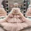 Pink Mermaid Wedding Dresses With Detachable Train Tiered Tulle Custom Made Applique Lace Bridal Gown Luxury Beads Illusion Bridal212A