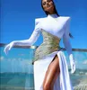 New spring 2020 Evening dress Yousef aljasmi Long sleeve White Sheath High neck High shoulder Split Long dress Mermaid