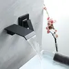 Basin Waterfall Faucet Mixer Wall Mounted Black Matte Single Handle In-Wall Bathroom Sink Faucet 2 Holes Hot & Cold Tap Torneira