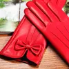 Latest 2021 Lambskin Butterfly Knot Real Leather Gloves Female Winter Plus Velvet Thicken Red Woman's Sheepskin L61221