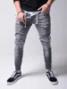 Jeans para hombres Hombres Retro Azul Gris Rayas laterales Agujero High Street Plisado Slim Stretch Long Denim Hip Hop Pantalones Lápiz para Male266A