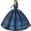 Royal Blue Shimmering Illusion Collar Quinceanera Jurk Vouwen Geplooide Petticoat Jupon Tarlatan Binnen Sleutelgat Terug Lovertjes Rok