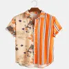 2020 England Style Mens Ethnic Printed Stand Collar Stripe Short Sleeve Loose Hawaiian Henley Shirt hawaiian Shirt S-3XL