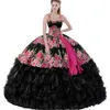 Doppie spalline larghe Nappe filanti Floreale Boho Chic Applique Abito Quinceanera Cascade Ruffles Gonna a strati Abito Quince Messico XV XV