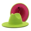 Hot Pink und Lime Green Patchwork Wollfilz Fedora Hüte Frauen große Krempe Panama Trilby Jazz Cap Derby Hut Sombrero Mujer