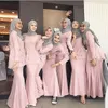 Pink Muslim Mermaid Bridesmaid Dresses 2021 O Neck Long Sleeve Floor Length Garden Wedding Guest Party Gowns Maid of Honor Dress