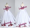 Beyaz Saten Charro Quinceanera Elbise 2021 Rahat Kadınlar için Vintage Balyaviler Kırmızı Yeşil Çiçek Dantel Balo Mezuniyet Tatlı 15 Elbise Uzun