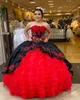 Vintage Charro Mexican Quinceanera Vestidos 2023 Preto Elegante Organza Babados Gótico Punk Vestidos de Baile Apliques Rendas Vestido Sweet 16 Concurso Vestido de Festa de Aniversário