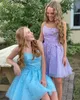 Lavendel kant homecoming jurk 2020 A-lijn spaghetti hals korte prom jurken lace-up licht geel cocktail party formele evenement zoete 16 blauw