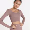 Sport Bra Lu Yoga Outfits Fitnessstudio Kleidung Frauen Tops Langarmes T-Shirt mit Brustpolster Feste Farbe enge Hemd-Fitnesskleidung