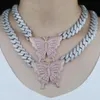 Choker Iced Out Bling 5a Cubic Zirconia Wit roze Twee Tone Color Butterfly Fashion Cuban Link Chain Choker ketting sieraden voor W231P