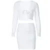 Women 2 Piece Outfits Set Long Sleeve Tie Front Crop Top Bodycon Mini Skirt Solid Color Pleated Crumpled Party Clubwear1