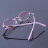 Solglasögon Eleganta kvinnor Rimless Reading Glasses Rhinestone Frame Pink Eyeglasses Hyperopia Frameless för Read Optic Presbyopic EY3376373
