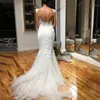 어깨 레이스 인어 웨딩 드레스 2021 Appliques Scoop Neck 백리스 스윕 트레인 Tulle Wedding Bridal Gowns