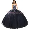 銀の刺繍の詳細ブラックドレスの美しいストラップレスの景色の詳細スパークルチュールQuinceanera Dress Gala Ball Gown Debutante