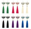 Bohemian Crystal Tassel Dangle Örhängen Svart Vit Blå Röd Grön Silk Tyg Lång Drop Tassels Örhänge För Kvinnor Smycken Gifts Partihandel