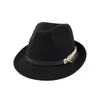 FS New Wool Felt 여성 남성 남성 Fedora Hat for Spring Autumn Elegant Lady Trilby Jazz Hats Panama Cap Black Curl Brim4302434