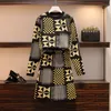 JSXDHK High Quality Women Sweater 2 Piece Set Autumn Winter Geometry Print Pattern Knitted Tops + A Line Skirts Suit Plus Size