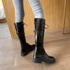 Stiefel Herbst Winter Patent Leder Frau Schuhe Runde Kappe Spitze Up Zipper Kniehohe Frauen Plattform Schwarz Motorrad Botas