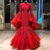 Red Mermaid Muslim Evening Dresses High Neck Appliques Sequins Full Sleeve Beading Formal Prom Dress Plus Size robe de soiree 2020