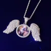 Solid Back Wings Round Memory Picture Photo Pendant Tennis Necklace Micro Pave Charm Men's Hip hop Rock Jewelry