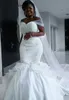 Robe de mariée satiné satinée satiné élégante 2020 avec long enveloppe pure blanche dentelle broderie africaine sirène robe de mariée W0216