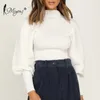 Miyouj, suéter de punto de cuello alto blanco para mujer, suéter de Color sólido, suéter de otoño e invierno, ropa de calle, suéteres de manga acampanada para mujer