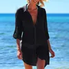 KLV Dames strand shirt dunne badpak bikini cover up robe tuniek shirt v-hals zomer solid boyfriend stijl wit groen zwart1