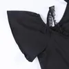 Gothique noir Sexy femmes col licou à manches courtes dentelle robe mince Goth épaules nues bretelles Spaghetti fête Mini robes plissées