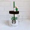 New s Green Apron Bear glass straw coffee cup 600ML Mason Transparent cold water cup for out door sport Accompanying cup9194861