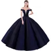 Flatteur hors épaule bleu marine scintillant robe de Quinceanera robe de bal volumineuse boîte plissée en forme de V tulle évider décolleté jupe douce 16 robe