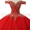Glamorous Scarlet Red Sparkle Tulle Gold Embroidered Quinceanera Dress Off the Shoulder Sweep Train Glitter Sweet 16 Ball Gown