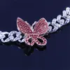 GLAMing Pink Cuban Link Butterfly Choker Necklace Women Bling Adjustable Crystal Rhinestone Necklace Chain Man Silver Color247p