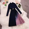 HISUMA herfst winter nieuwe vrouwen o-hals lange mouwen gebreid met chiffon geplooide fee jurk vrouwelijke chique elegante trui jurken T200911