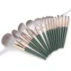 2020 vendita calda verde set di pennelli per trucco da 14 pezzi Etichetta privata per strumento di bellezza per la spedizione di gocce cosmetiche per fondotinta