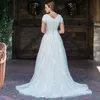 A-line Lace Tulle Boho Modest Wedding Dresses With Cap Sleeves V neck Buttons Back Short Sleeves Sweep Train Bridal Gowns Sleeved Custom
